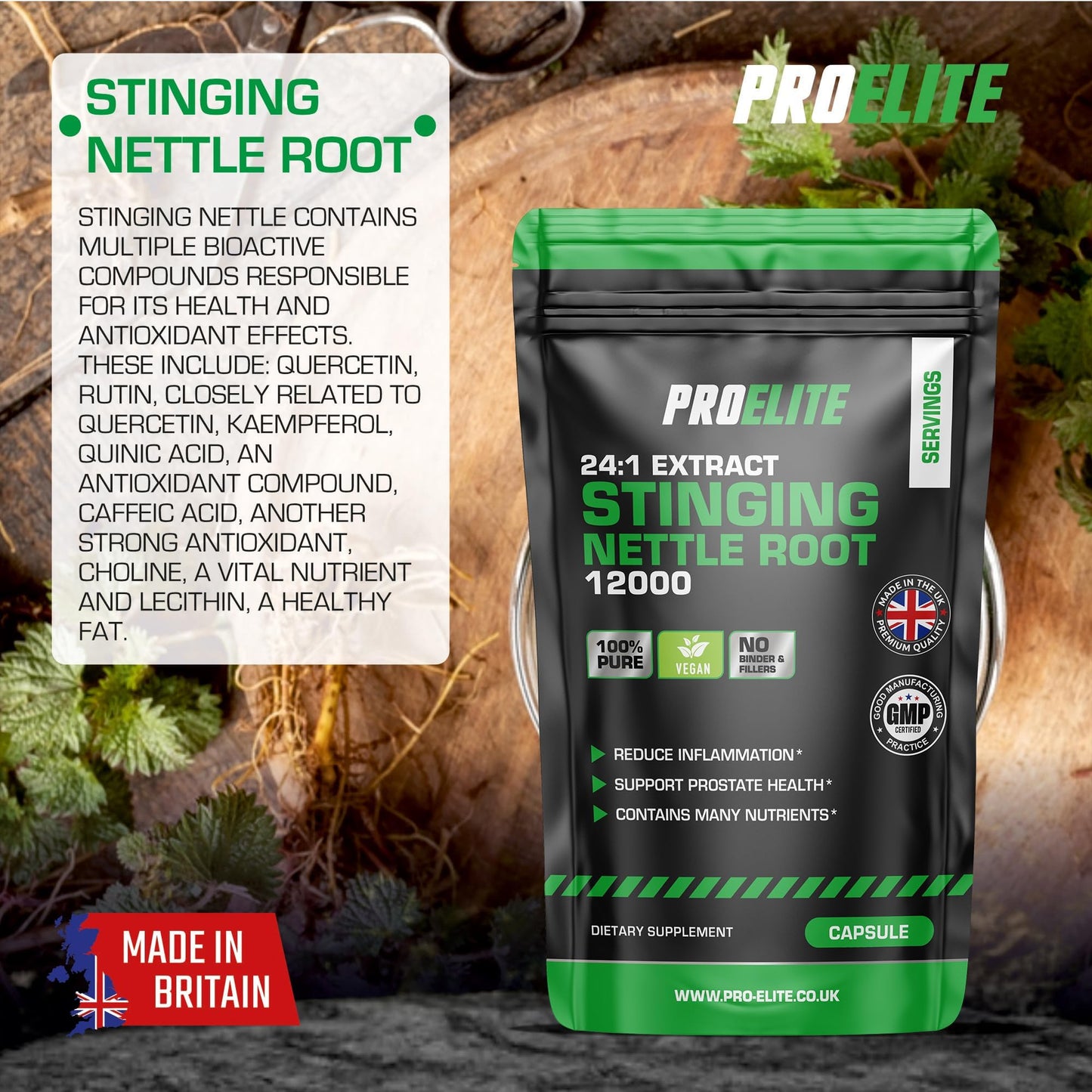 Stinging Nettle Root | 30 Capsules Vegan - 24:1 Extract 12,000mg Nettle Root per Capsule | High Strength Stinging Nettle Alternative to Powder NO Fillers & Binders | Made in UK by PROELITE