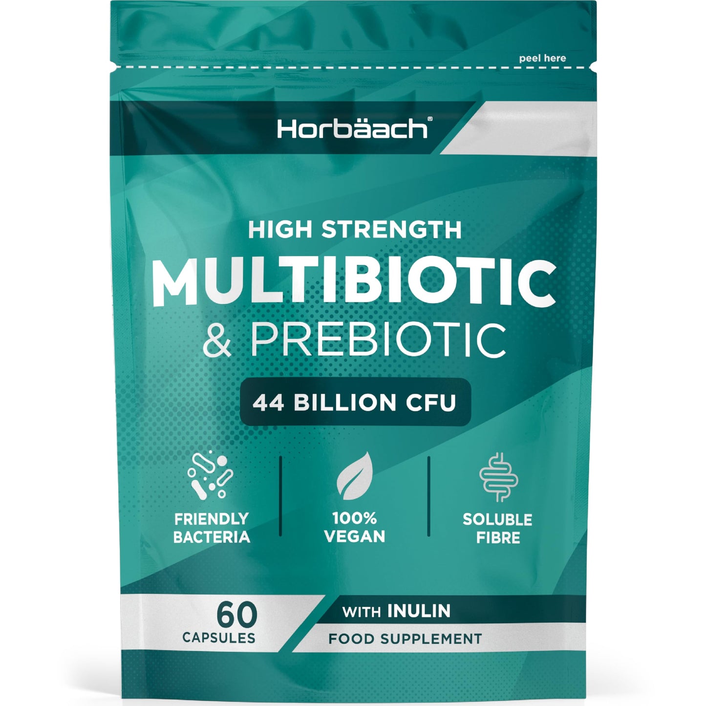 Horbäach Probiotics & Prebiotics 44 Billion CFU | Bio Cultures Complex Multi-Strain Formula with Inulin | 60 Vegan Capsules | by Horbaach