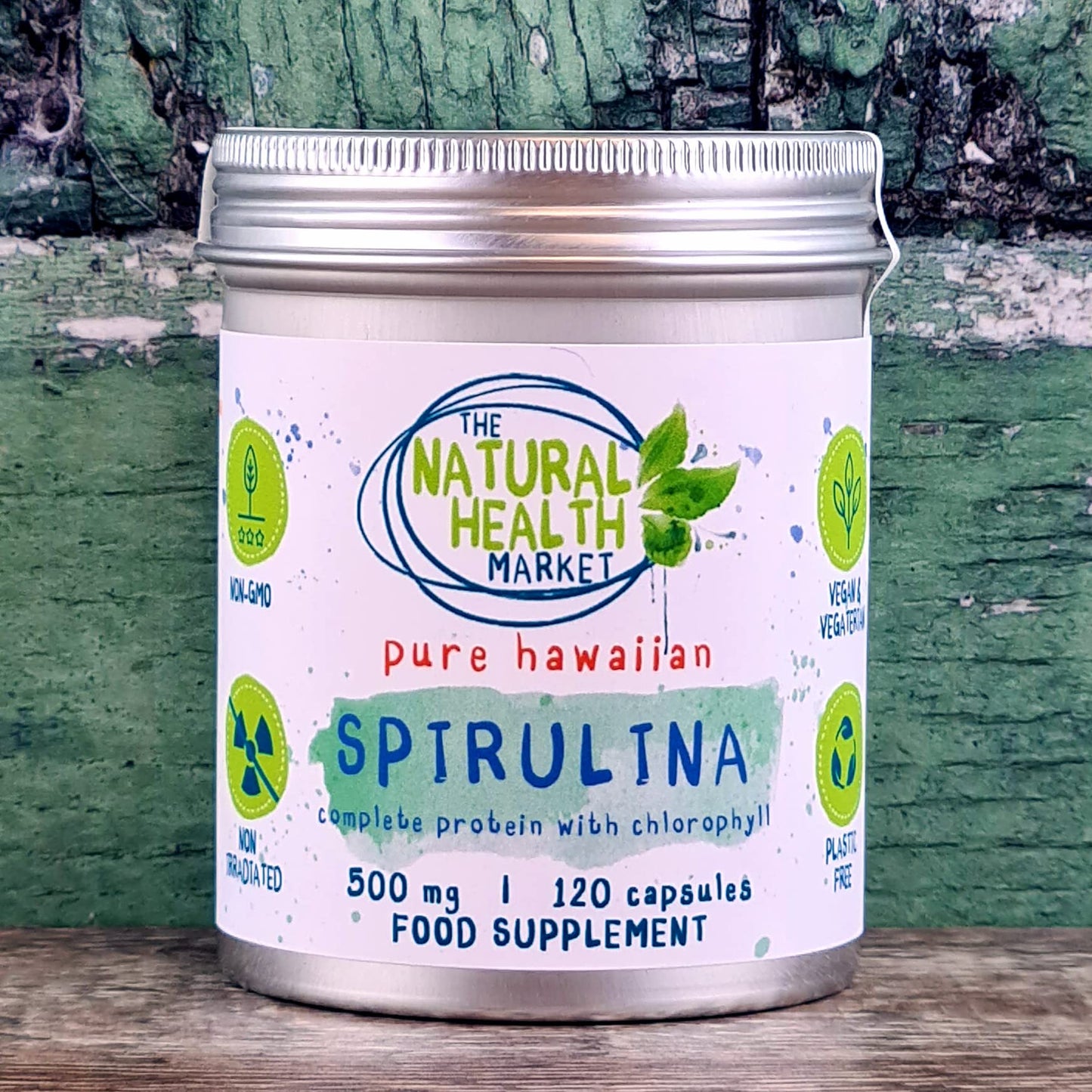Hawaiian Spirulina Capsules 500mg by The Natural Health Market - 100% Pure - No Additives - Plastic Free Packaging - Made in England - Vegan-Friendly Supplement (120 Capsule - TIN)