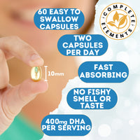 Vegan Omega 3 Algae Oil | Sustainable Algal Alternative to Fish Oil | 60 High Strength Capsules | 400mg DHA Supplement with Vitamin E | Vegetarian Essential Fatty Acids | UK Small Family Company