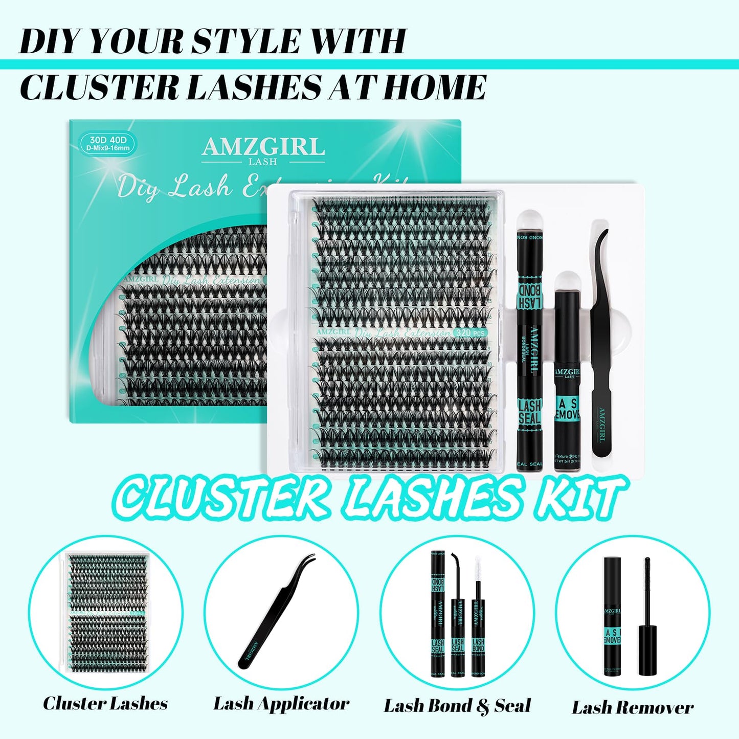 AMZGIRL LASH Lash Extension Kit 320Pcs,DIY Individual Lashes Clusters Kit,Lash Bond And Seal,Lash Remover For Eyelashes Extensions,Lash Applicator Tool For False Eyelash Cluster Kit At Home(3040D,D-Mix9-16mm Kit)
