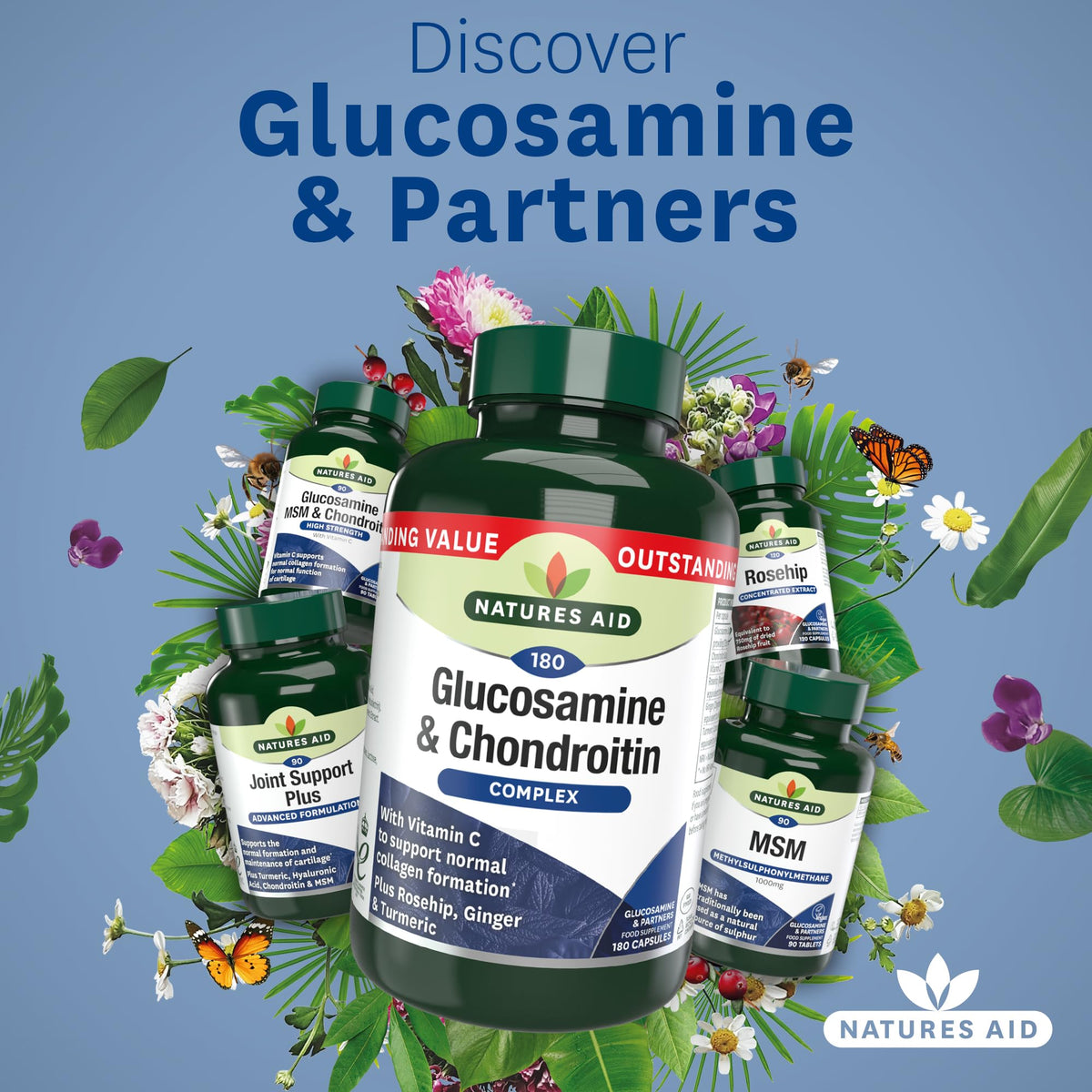 Natures Aid Glucosamine and Chondroitin Complex, with Vitamin C, Rosehip, Ginger and Turmeric, 180 Capsules