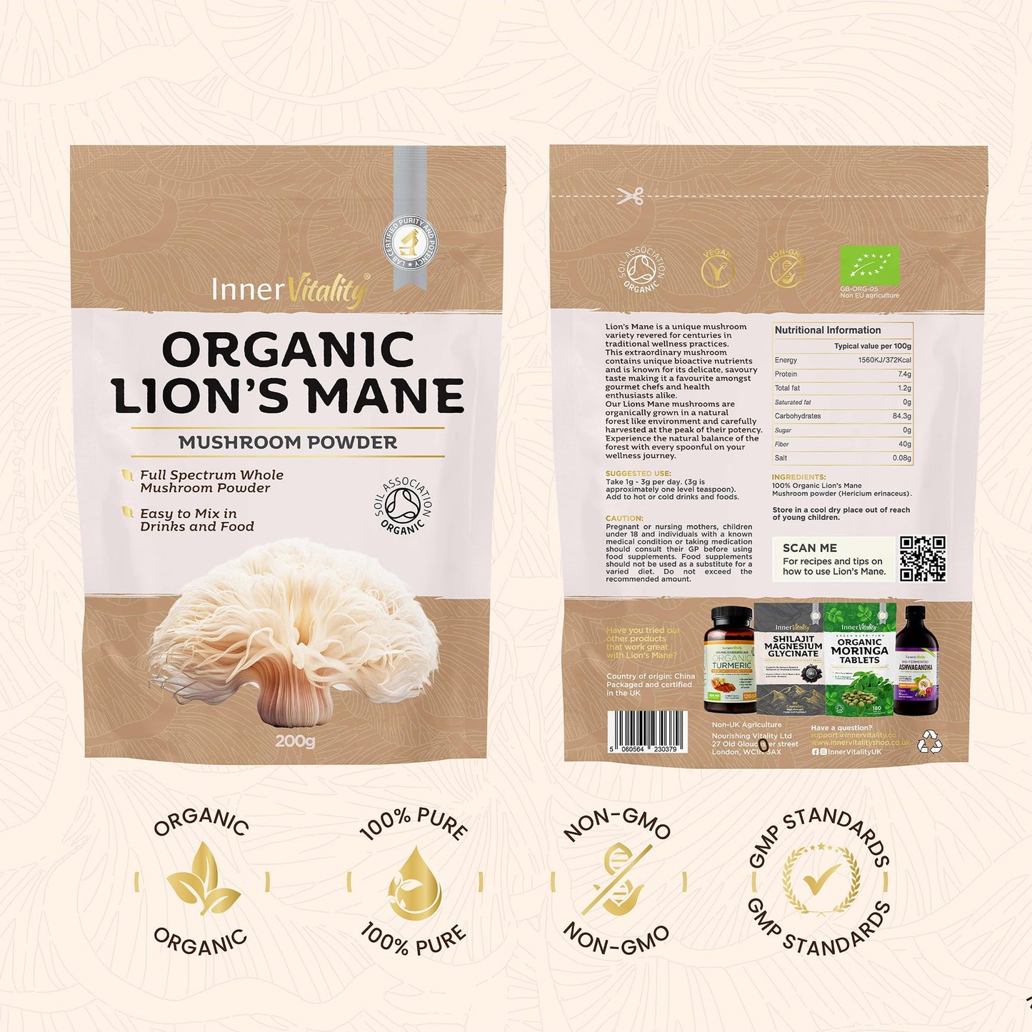Organic Lions Mane Mushroom Powder 200g - High Strength Full Spectrum Fruiting Body Mushroom Supplement to Support Brain & Mental Performance by Inner Vitality (Large)