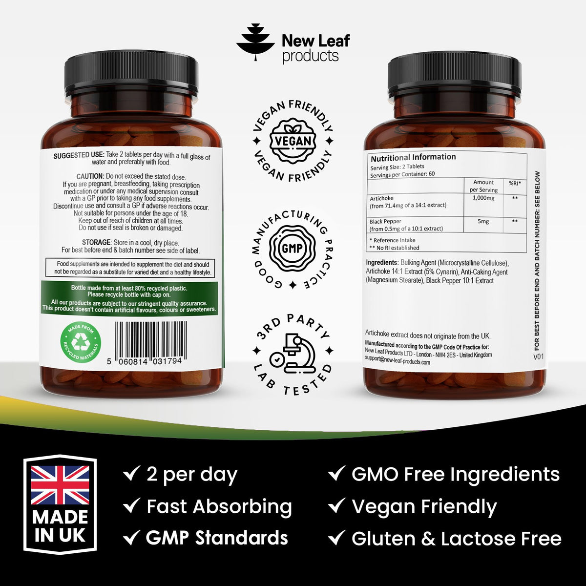 NEW LEAF PRODUCTS Artichoke Extract Tablets - 120 High Strength Artichoke Extract Tablets Enriched with Black Pepper - Artichoke Supplements No Inulin or Leaf Fibre - 5% Cynarin - 1000mg Made in UK