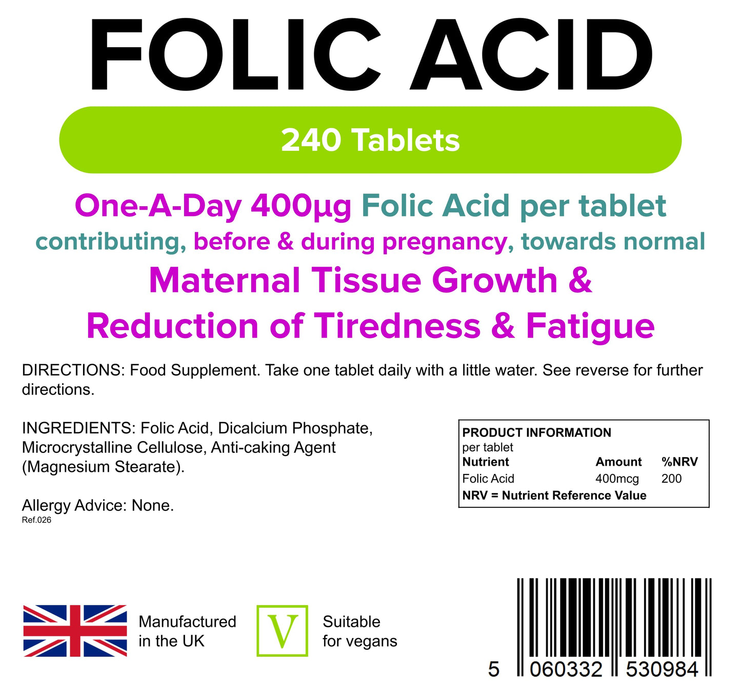 Lindens Folic Acid 400mcg - 240 Vegan Tablets - Pregnancy, UK Made to GMP | Immune Health, Energy and Vitality, Blood Formation, Psychological Function, Amino Acid | Made in the UK, Letterbox Friendly