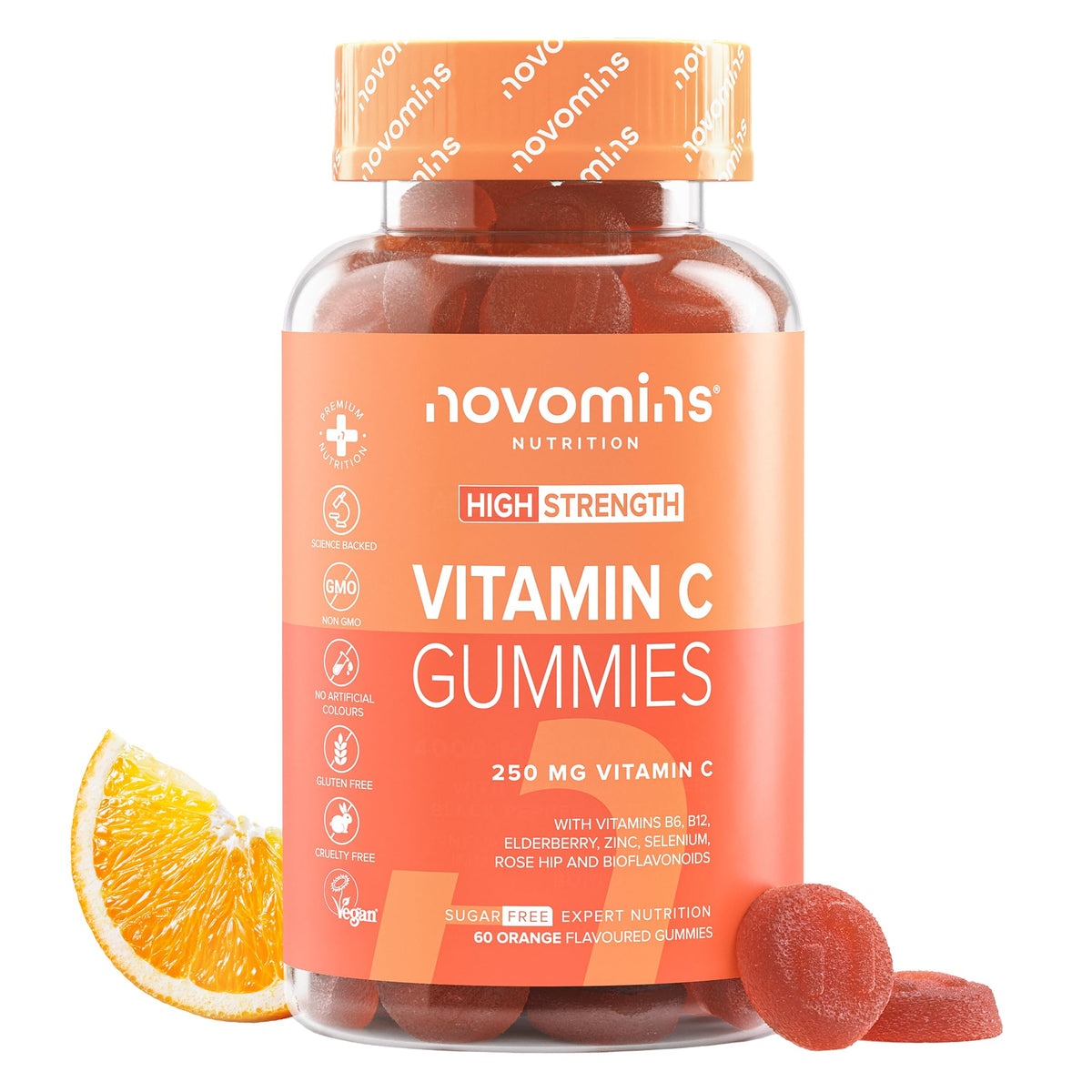 novomins Vitamin C Gummies - 1 Month Supply - 250mg High Strength with Zinc, Bioflavonoids, Rose Hip & Elderberry for Immune System Support - Alternative to Vitamin C Tablets - 60 Gummies - Novomins