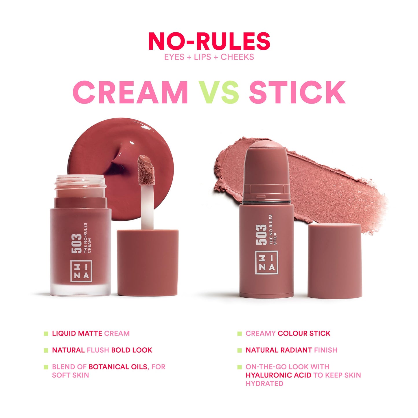 3INA MAKEUP - The No - Rules Stick 677 - Brown Blush Stick for Eyes Lips & Cheeks w Hyaluronic Acid - Cream Blush