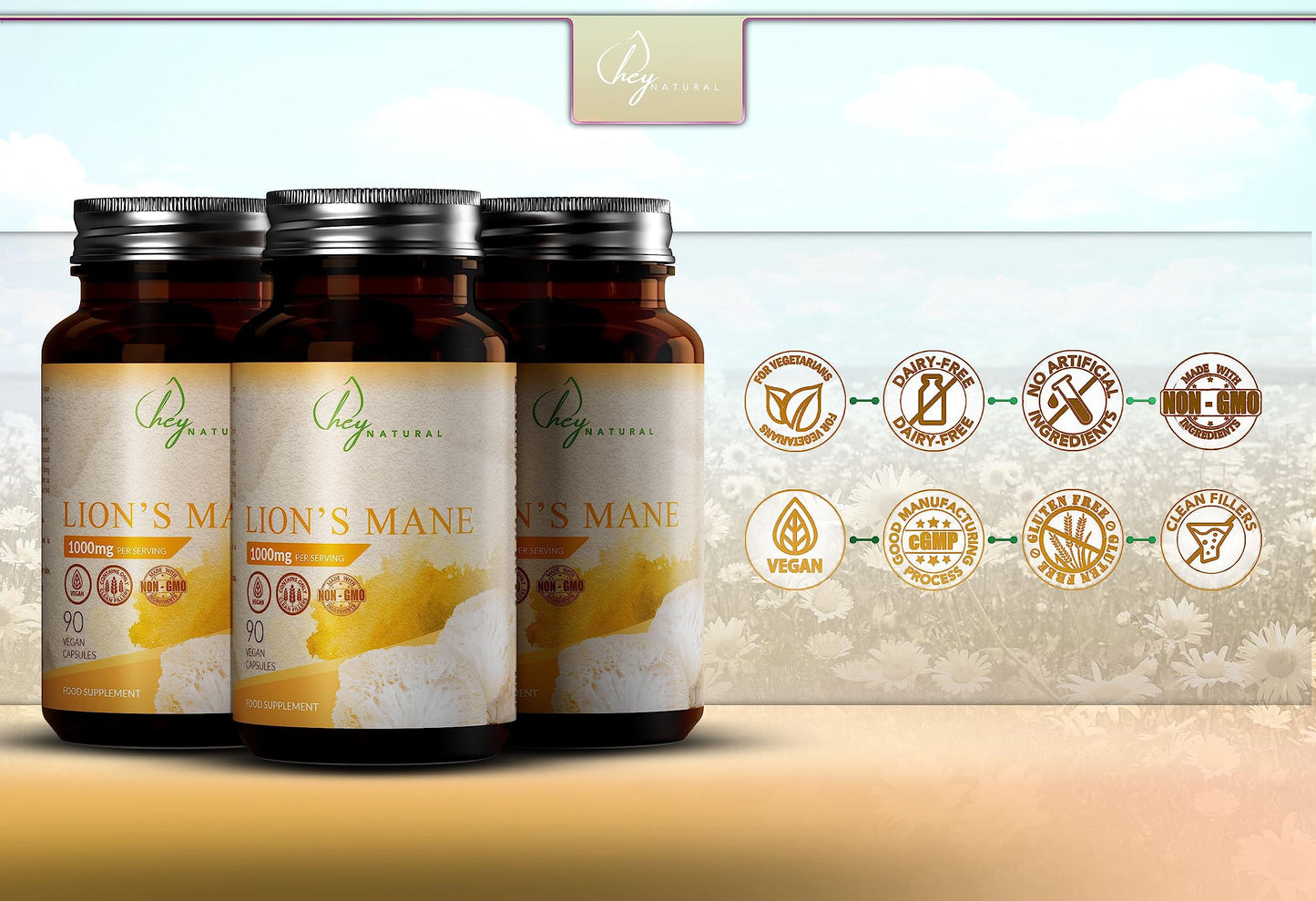 HN Lions Mane | 90 Lions Mane Capsules 1000mg per Serving - High Strength Lions Mane Supplement Mushroom Complex | Lion's Mane Mushroom Supplement | Non-GMO, Gluten & Allergen Free | Made in the UK