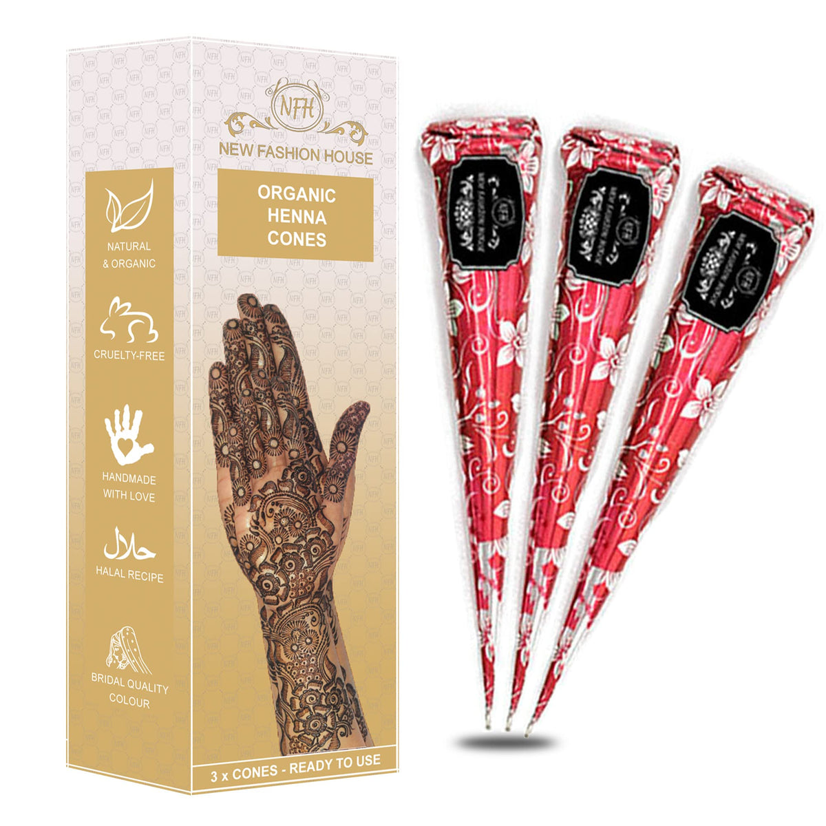 New Fashion House Organic Henna Mehindi XL Cones Ready to Use (Pack of 3) No Chemicals, No Dyes