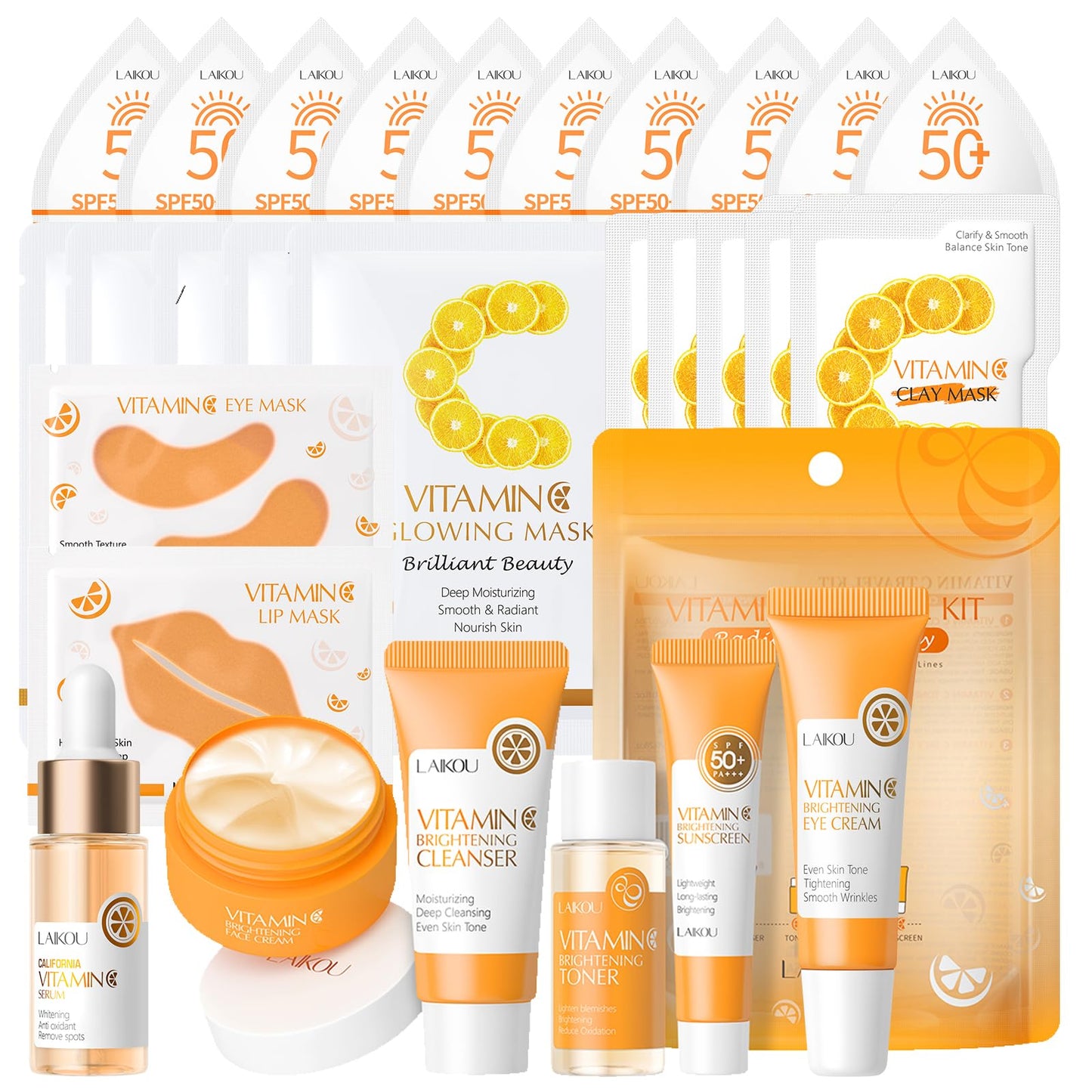 LAIKOU Skincare Set, Vitamin C Face Care Kit with Cleanser,Toner,Serum,Eye Cream,Moisturiser,SPF50 Sunscreen,Sheet,Eye,Lip & Clay Mask, Hydrating, Even Skin Tone, Travel Gift for Teen, Women & Men