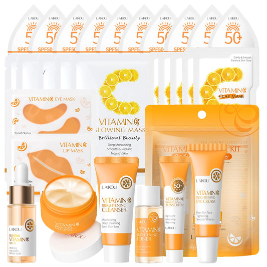 LAIKOU Skincare Set, Vitamin C Face Care Kit with Cleanser,Toner,Serum,Eye Cream,Moisturiser,SPF50 Sunscreen,Sheet,Eye,Lip & Clay Mask, Hydrating, Even Skin Tone, Travel Gift for Teen, Women & Men