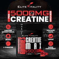 Elite Vitality Creatine Monohydrate 90 Gummies 5000mg + BCAAs & L-Carnitine – 3rd Party Lab Tested, Vegan, Sugar-Free, Pre Workout Muscle Growth & Recovery Gym Supplement for Men & Women – Juicy Strawberry Burst