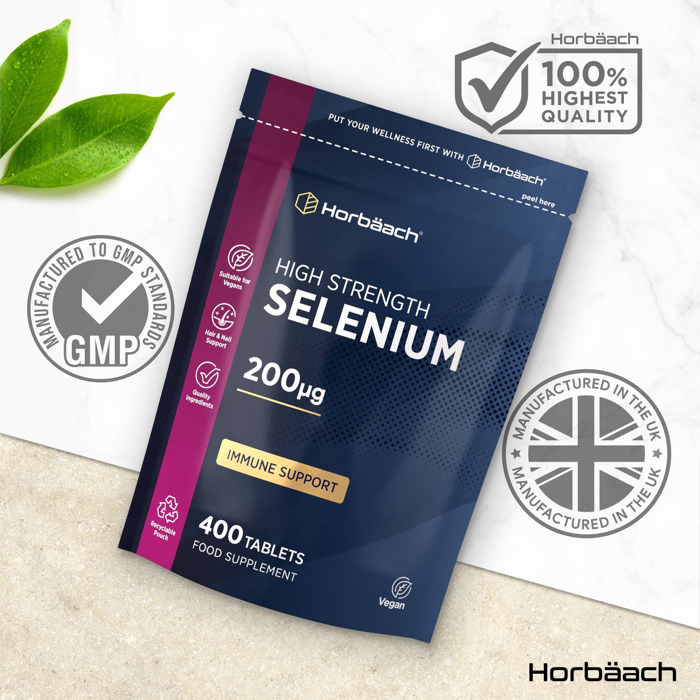 Horbäach Selenium Supplement 200mcg | 400 Days Supply (Yeast-Free) | High Strength L-Selenomethionine | 400 Tablets | Vegan & Vegetarian | by Horbaach