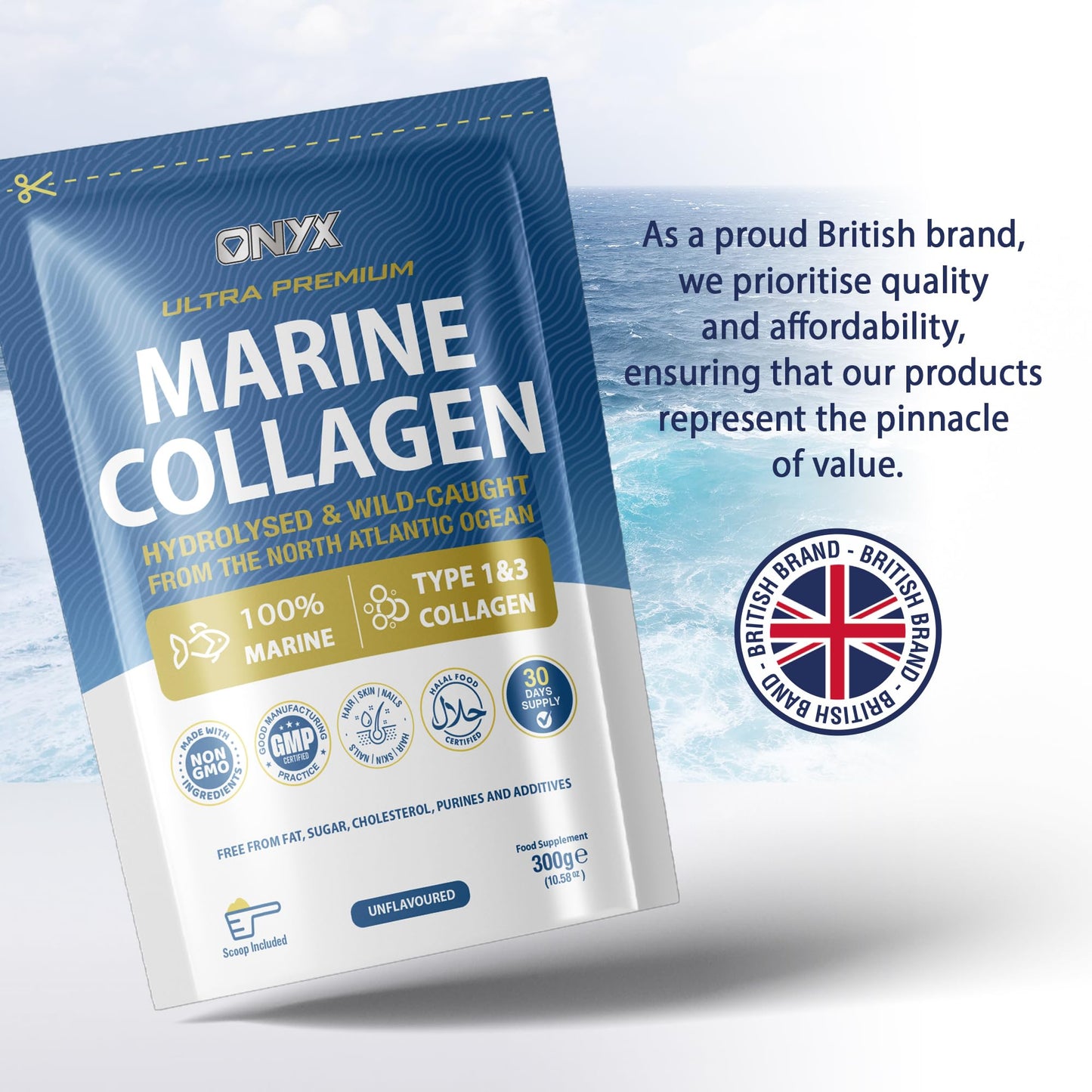 Onyx Marine Collagen Powder 10000mg (Type I & III) | Wild-Caught Arctic Cod | Collagen Supplements for Women & Men | Skin, Hair, Muscles, Joints, Bones (300 Grams [30 Servings])