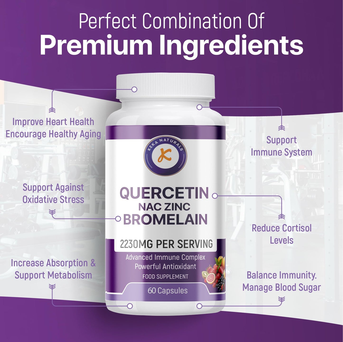 Keka Naturals Quercetin with Bromelain, NAC and Zinc - Powerful Quercetin Blend - 2230mg per Serving - Immune & Respiratory Support - Non-GMO, Gluten-Free, Vegan - 60 Veggie Caps, Anti-Aging