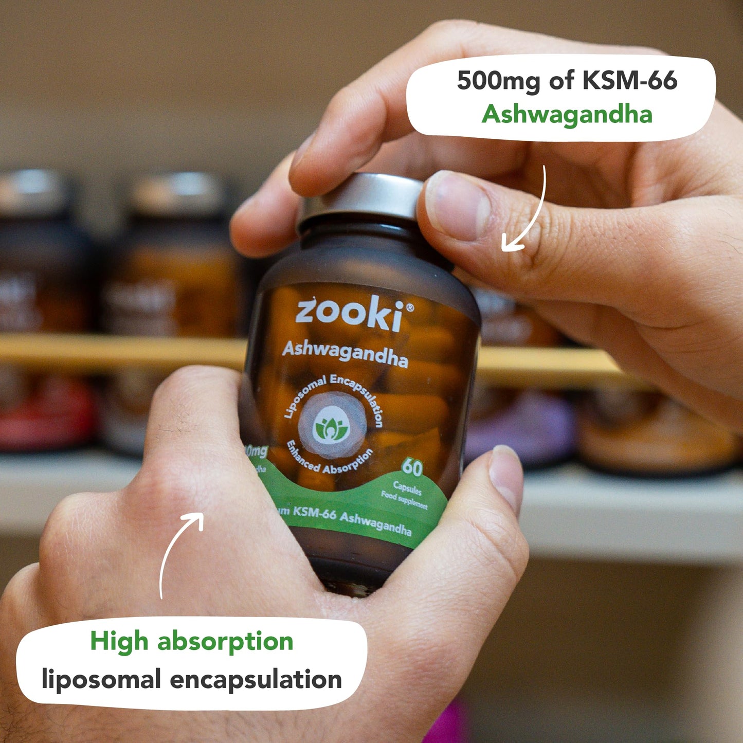 Zooki High Strength Liposomal Ashwagandha Capsules 500mg - Support Stress, Sleep, Brain Health (60 Capsules, 1 Month Supply)