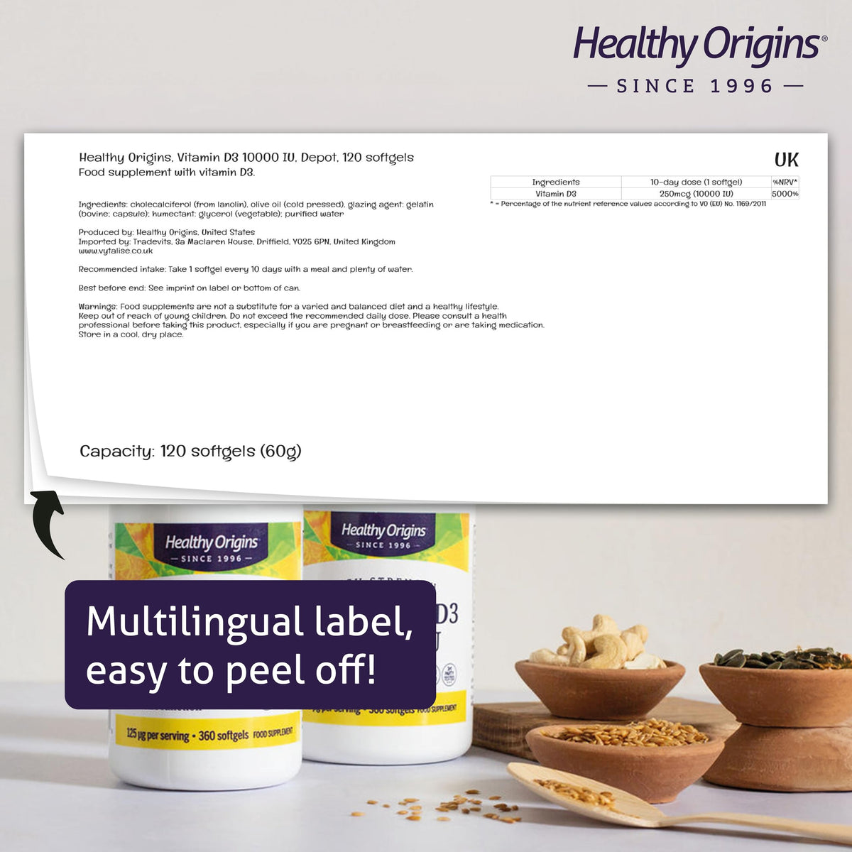 Healthy Origins, Vitamin D3, Softgels Each with 10,000 IU, 120 Softgels, Gluten-Free, Soy-Free