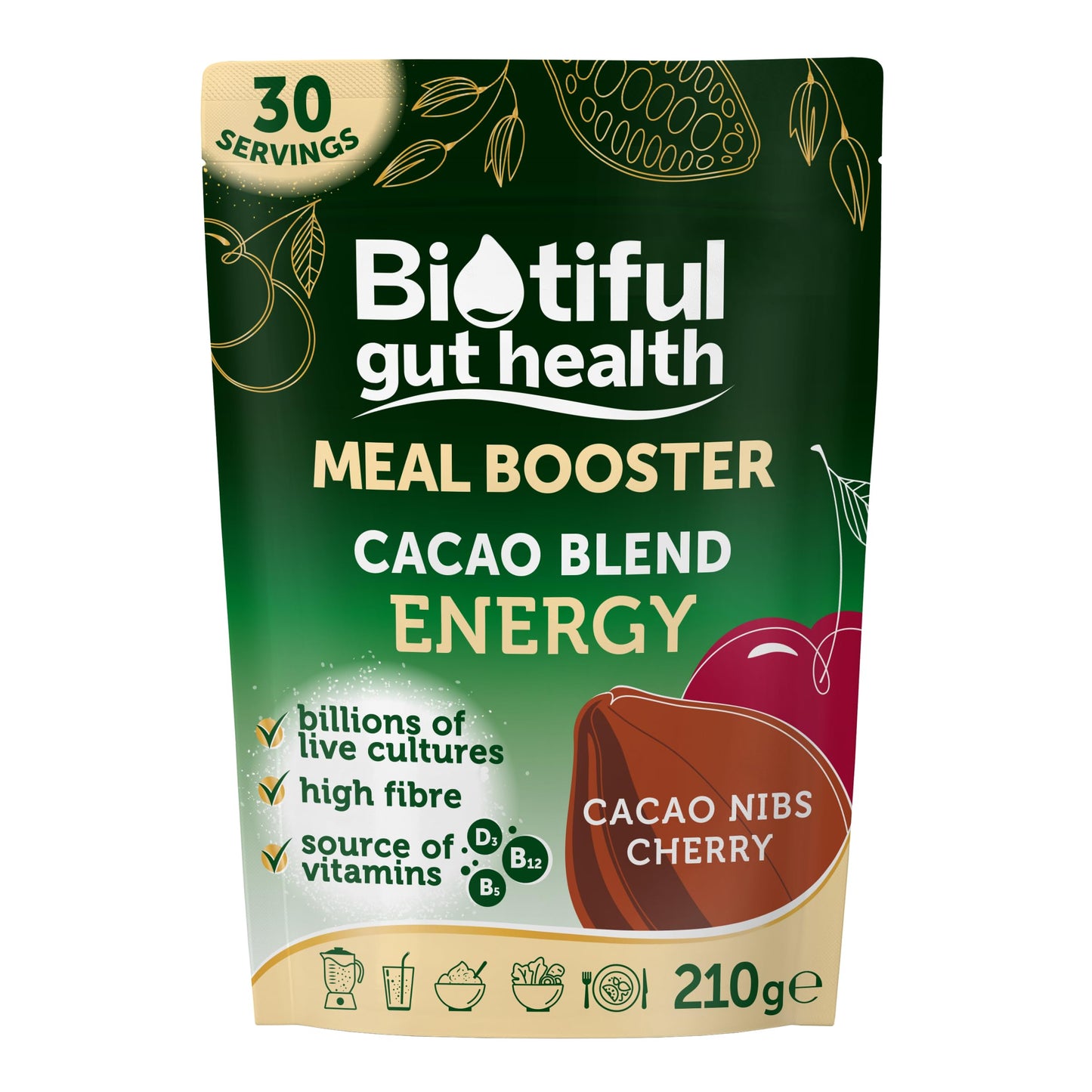 Biotiful Gut Health, Meal Booster, Cacao Blend Energy, Probiotics, Prebiotic Fibre, Source of Vitamins D3 B5 B12, Powder, 30 Servings