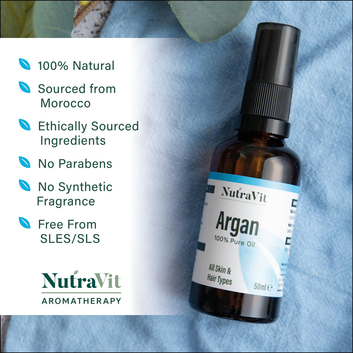 NutraVit - Moroccan Argan Oil | 100% Pure Argan Oil (Argania spinosa) - 50ml - Argan Oil for Hair, Skin, Face & Nails - from Morocco - Virgin, Cold Pressed, Deodorised, Hexane-Free & Vegan