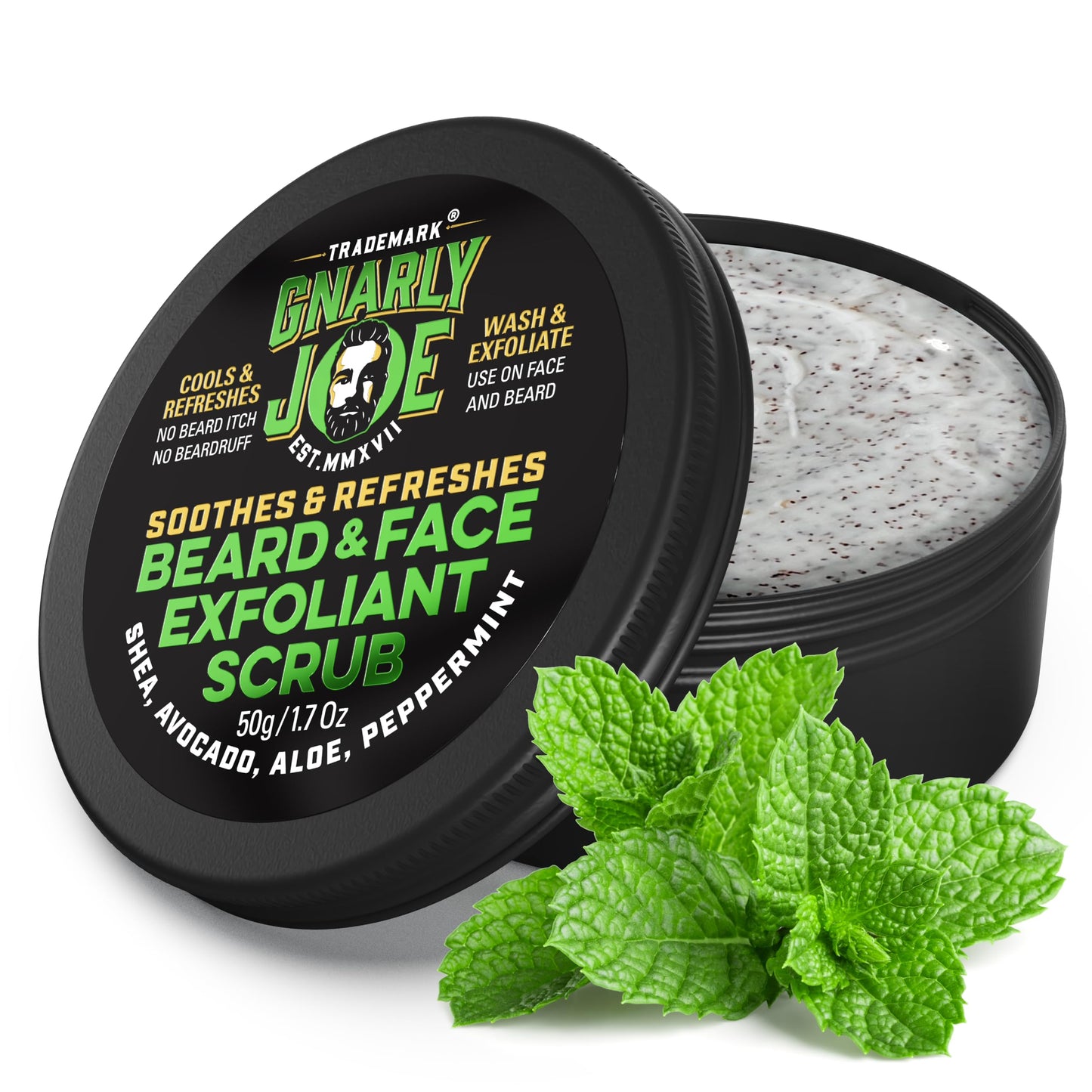 TRADEMARK GNARLY JOE EST.MMXVII Gnarly Joe Face & Beard Exfoliator Scrub for Men - 50g Natural Peppermint Face Wash - Dual Action Beard Exfoliator & Mens Facial Scrub for Dry, Itchy Skin & Beard Dandruff - Made in UK