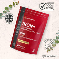 Horbäach Iron Tablets High Strength 18mg | Energy Tablets with Vitamin C, B12 & Folic Acid | 180 Count | 6 Months Supply & Vegan | Ferrous Fumarate Supplement for Men & Women | by Horbaach