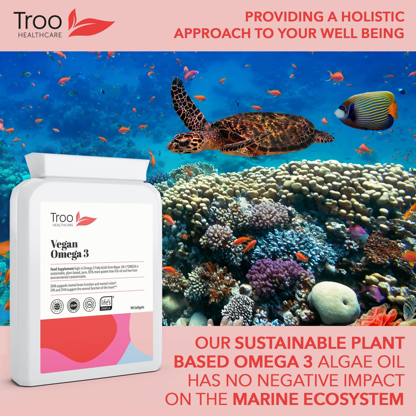 Troo Health Care Vegan Omega 3 Algal Oil 1332mg Per Serving - Provides 732mg Omegas Including a Minimum of 400mg DHA & 200mg EPA - Sustainable Plant Source Omega Oil Softgels - 90 Capsules - UK Made