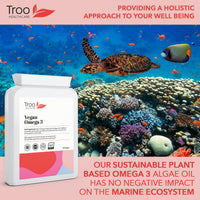 Troo Health Care Vegan Omega 3 Algal Oil 1332mg Per Serving - Provides 732mg Omegas Including a Minimum of 400mg DHA & 200mg EPA - Sustainable Plant Source Omega Oil Softgels - 90 Capsules - UK Made
