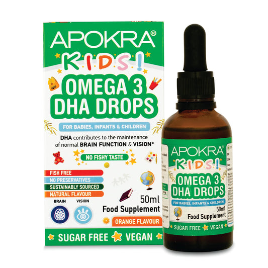 Omega 3 Vegan DHA Drops for Kids - 50mL - No Fishy Taste - Preservative Free and Sugar Free. Sustainable Algal Alternative to Fish Oil | APOKRA Kids