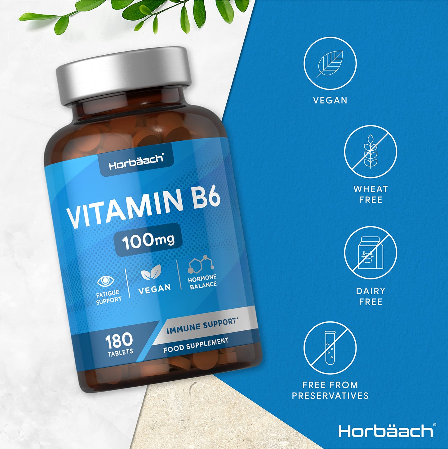 Horbäach Vitamin B6 100mg | 180 High Strength Tablets | Regulation of Hormonal Activity & Fatigue Support | Suitable for Vegans & Vegetarians | by Horbaach