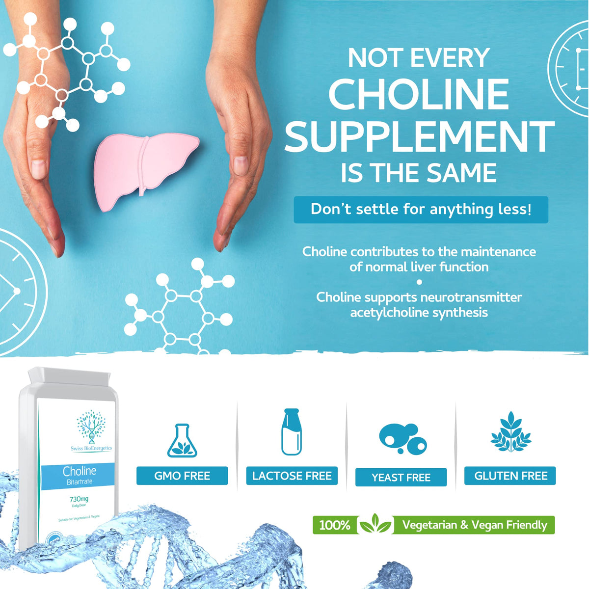 swiss bioenergetics Choline Bitartrate 730mg Daily Dose, 120 Vegan Choline Supplement Capsules - UK Made Support for Healthy Liver Function and Fat Metabolism