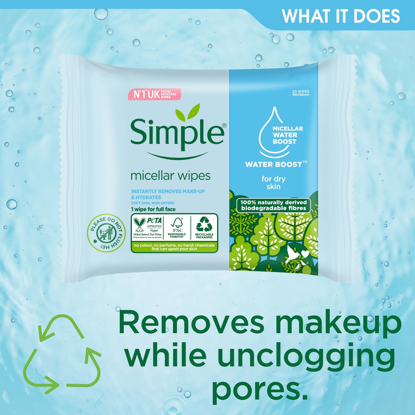 Simple Kind to Skin hypoallergenic Micellar Biodegradable Cleansing Wipes for sensitive skin 20 wipes