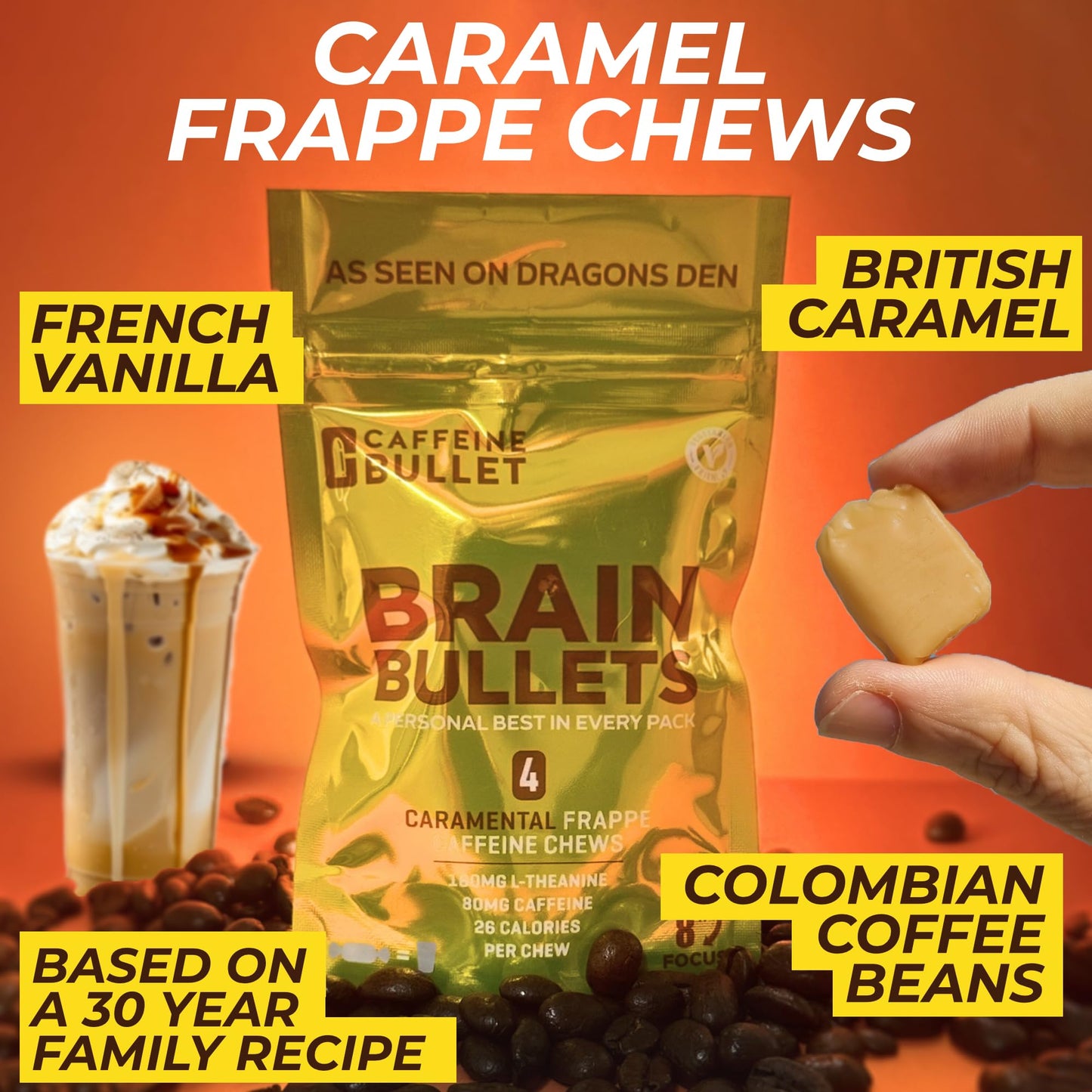 Caffeine Bullet 80mg Caffeine & 160mg L-Theanine Focus Enhancing Energy Chews – Neuroscience Backed Nootropic Stack, Mental Acuity & Cognitive Support | Caramel Frappe Flavor Brain Bullet, 1 Pack