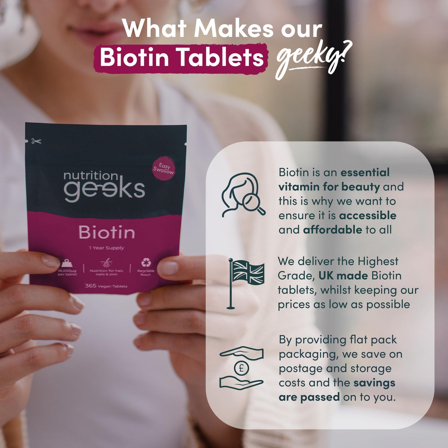 Nutrition Geeks Biotin Hair Growth Supplement - 1 Year Supply High Strength Biotin 10,000mcg Per Tablet, Hair Skin and Nails Vitamins for Women & Men, 365 Vegan Biotin Tablets - Easy to Swallow UK Made Hair Vitamins