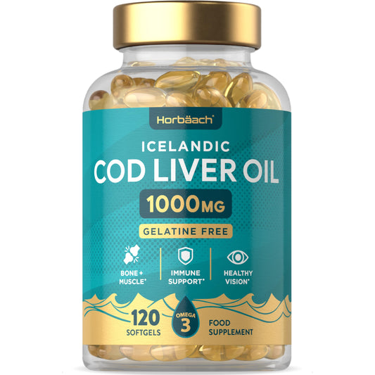 Cod Liver Oil Capsules High Strength 1000mg | 120 Count | Gelatine Free | with Vitamin A, D and Omega 3 DHA/EPA | Suitable for Pescatarians | by Horbaach