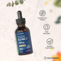 Horbäach Vitamin K2 MK7 Drops 200ug | 50 ml | High Strength Vitamin K2 as Menaquinone MK7 | Peppermint Flavour | Vegan Liquid Food Supplement | by Horbaach