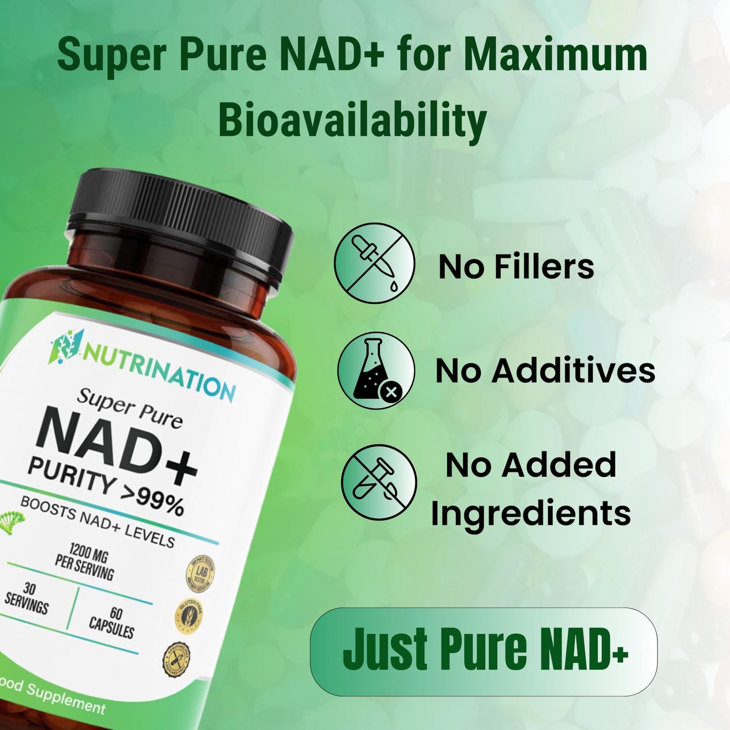 NUTRINATION NAD Supplements UK 1200mg | Super Pure 99.5% Nicotinamide Adenine Dinucleotide | 60 High-Strength Capsules | NAD+ Supplement for Anti-Aging, Boost Energy Levels & Cellular Health | Vegan & Non-GMO