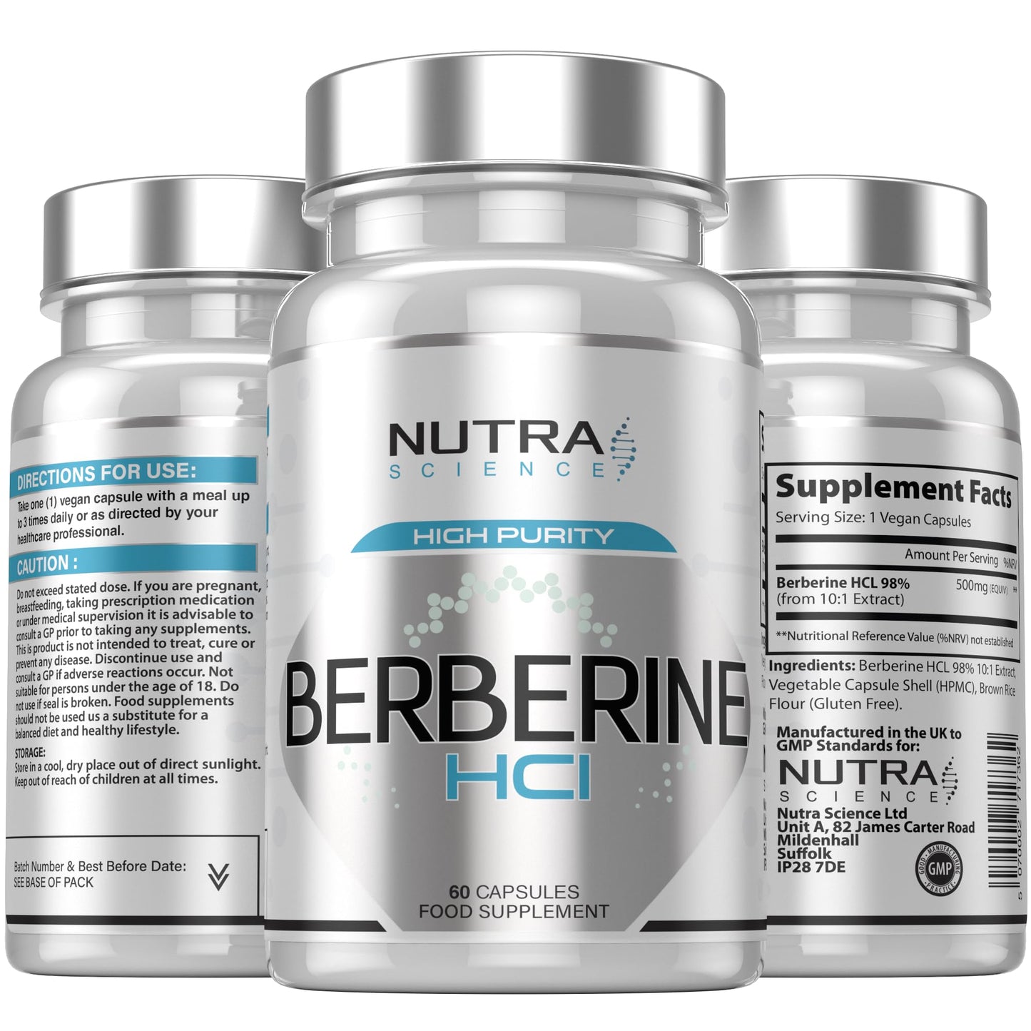 Nutra Science Berberine Supplement (98% Purity) Advanced Berberine High Strength 500mg, 60 Natural Berberine Capsules Vegan Tablets