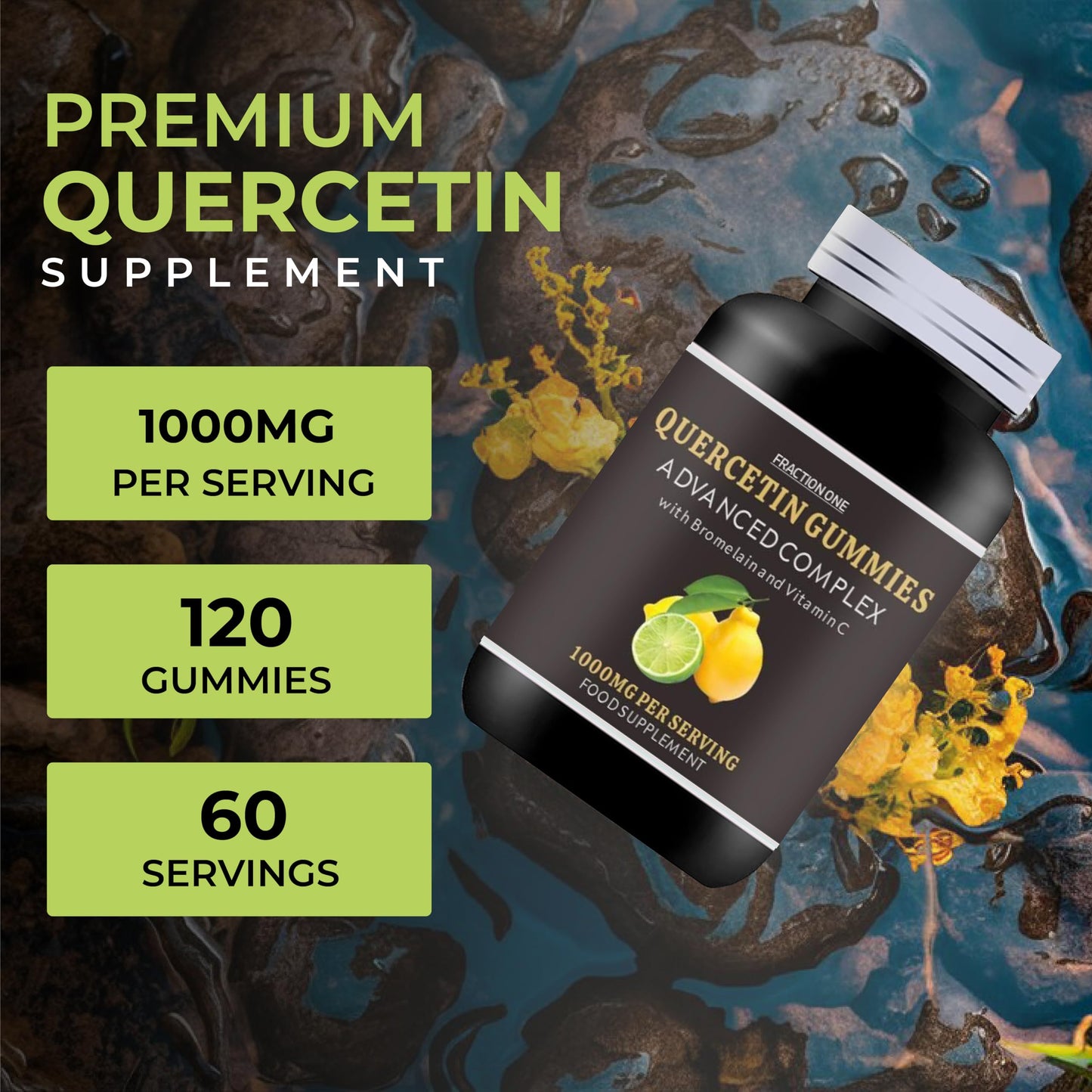 Fraction One Quercetin Gummies Enhanced with Bromelain, Vitamin C - Quercetin 1000mg - 120 Gummies - 60 Servings - Quercetin Complex - Quercetin Supplement -Antioxidant Supplement for Immune Support