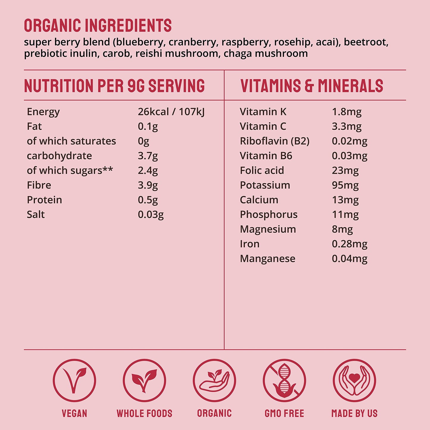 BodyMe Organic Vegan Red Powder - Vegan Super Reds Blend with Blueberry, Cranberry, Acai and Other Organic Ingredients - Quick & Easy Nutrients, (30 Servings, 270g) | UK