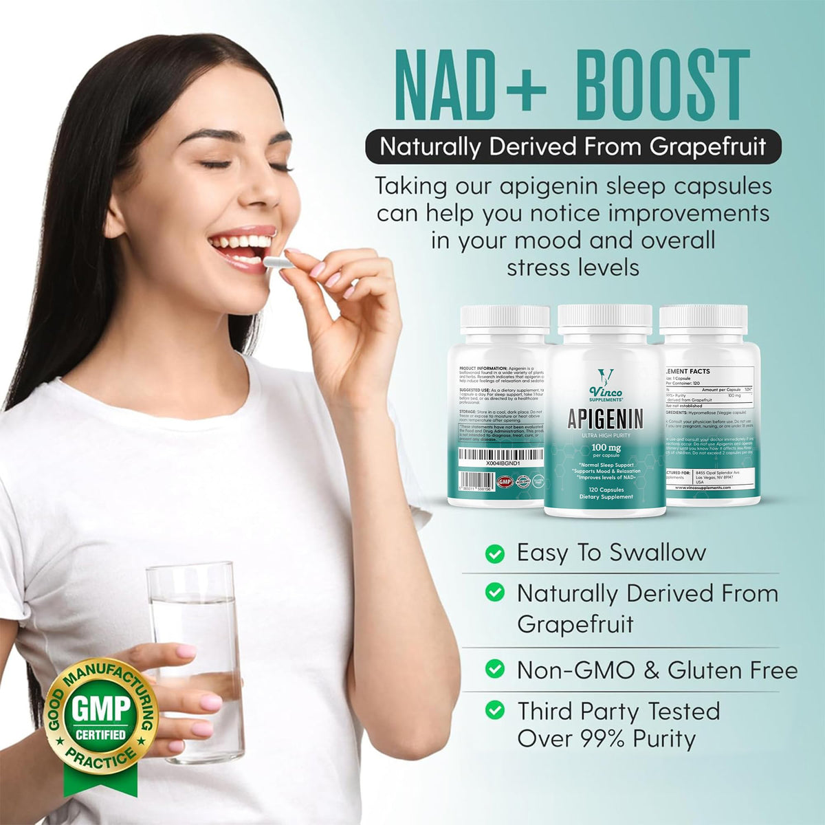 Vinco Supplements Vinco Apigenin 100mg Supplement - 120 Sleep Capsules for Better Relaxation, 99%+ Pure Natural Formula - NAD Booster, Apigenin Sleep Supplements, Natural Sleep Aid for Adults - Made in the UK