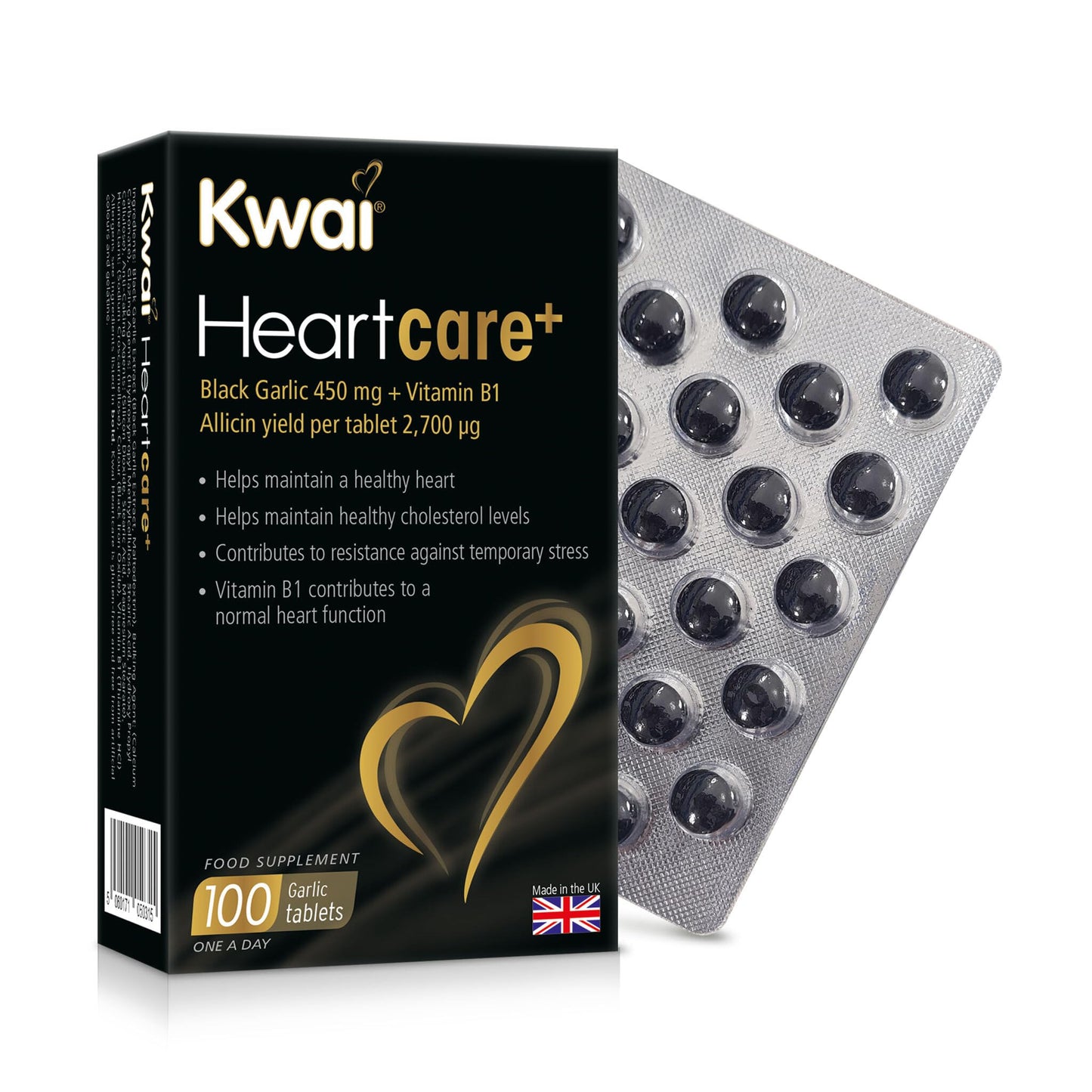 kwai Kwai Heartcare+ Black Garlic 450mg Tablets – 100 Tablets (Pack of 1) – with Vitamin B1 to Support Normal Heart Function – Odourless Fermented Garlic Rich in Antioxidants