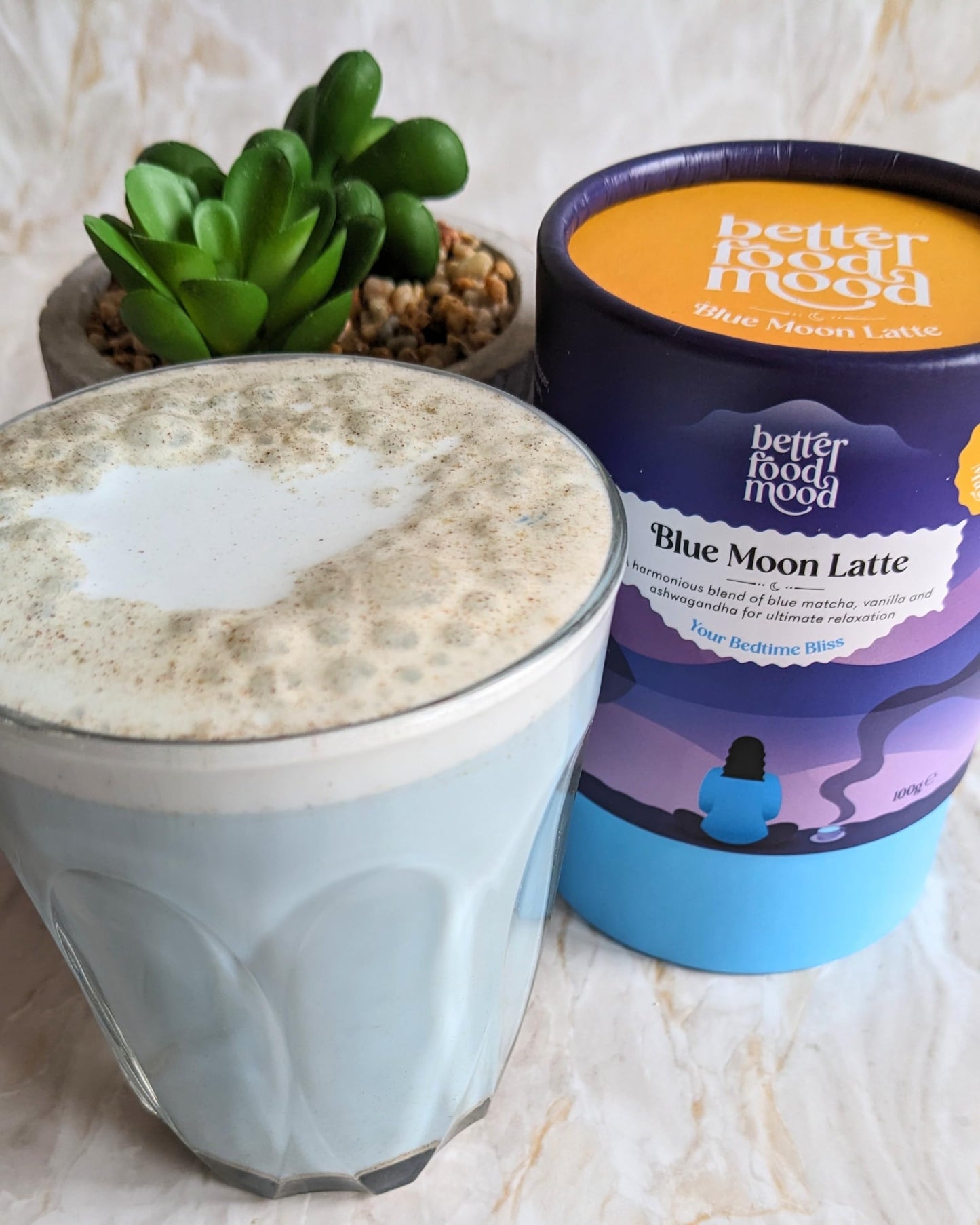 Better Food Mood Blue Moon Latte 100g | Adaptogen Blend with Ashwagandha Powder, Blue Matcha, Spices, Magnesium for Sleep & Relaxation