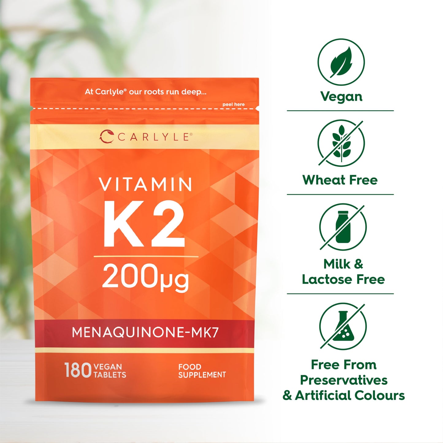 Vitamin K2 MK7 200ug | 180 Vegan Tablets | Menaquinone-MK7 | Contributes to Normal Blood Clotting and Bone Support | Suitable for Vegetarians and Vegans | by Carlyle