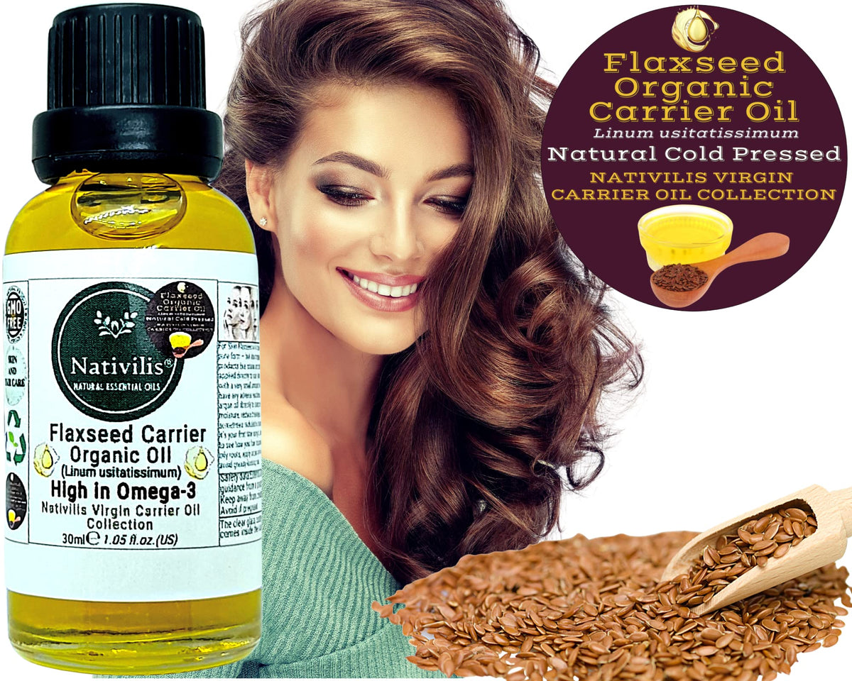 Nativilis Natural Essential Oils Nativilis Organic Flaxseed Carrier Oil (Linum usitatissimum) - linseed oil - Hair, Face & Skin - Natural Cold Pressed - High in Omega-3 - Improves Skin Smoothness – Moisturizes Dry Skin - Copaiba