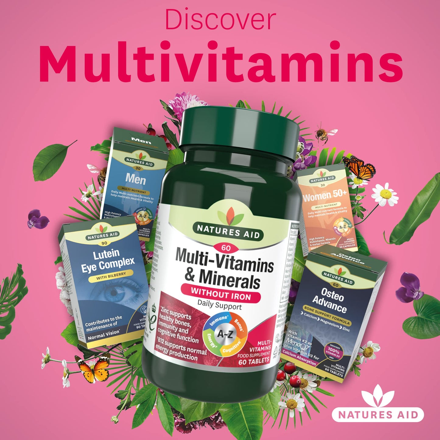 Natures Aid Multi-Vitamins and Minerals 60 Tablets (Without Iron, One-a-Day Multi-Vitamin and Mineral Formula, Supports Immune, Energy, Brain and Bone Health, Vegan Society Approved, Made in the UK)