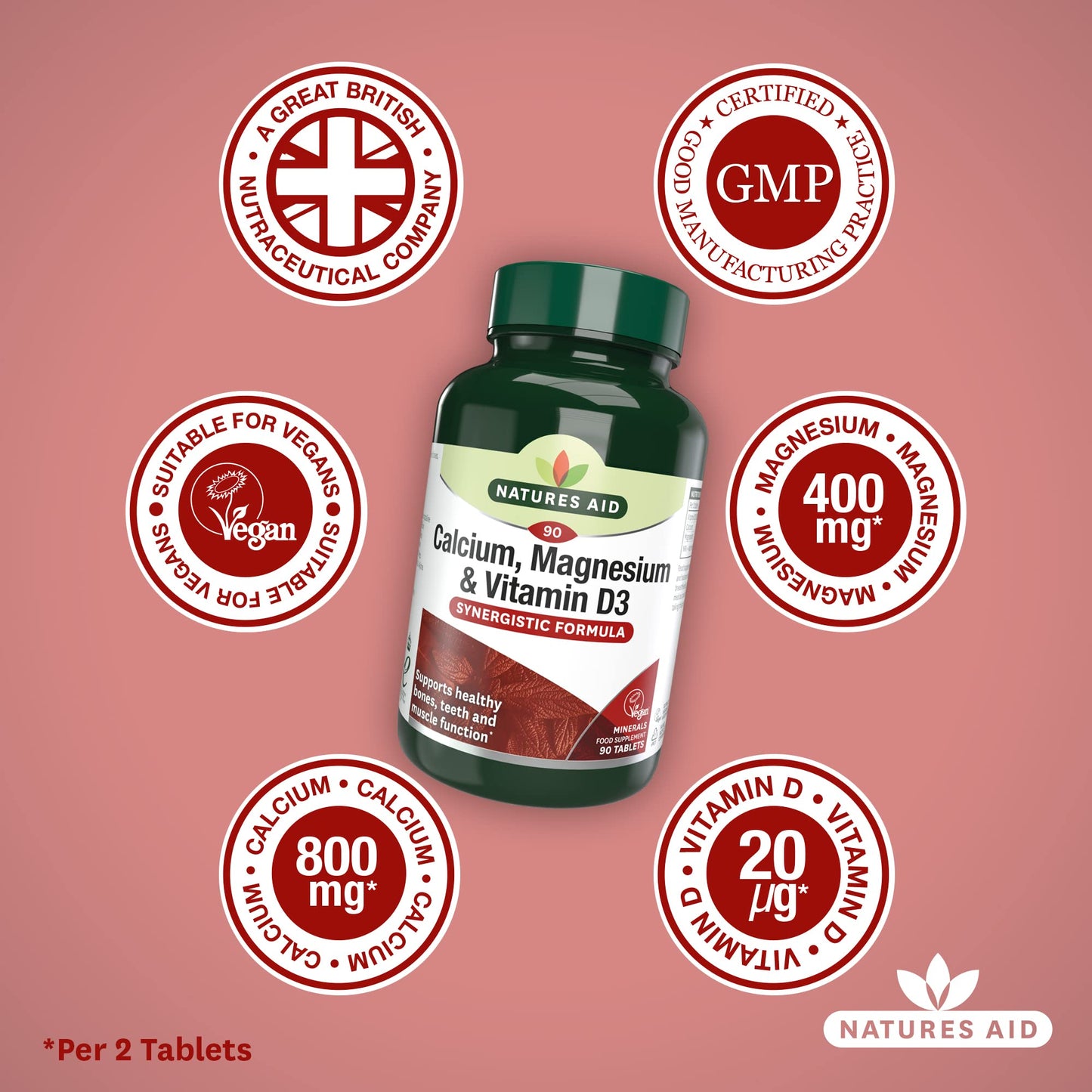 Natures Aid Calcium Magnesium and D3, Helps Maintain Normal Bones, Teeth and Muscle Function, Vegan, 90 Tablets