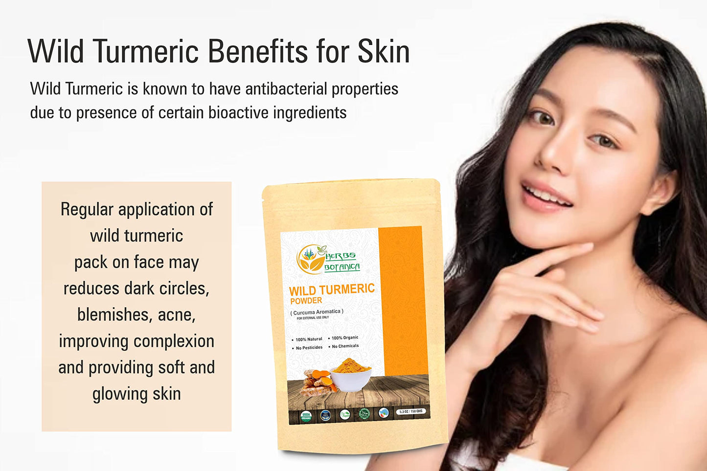 Herbs Botanica Wild Turmeric Powder For Face Reduces Acne, Face Mask, Dark Spots, Hyperpigmentation, Smooth Skin, Kasturi Manjal, Kasturi Turmeric, Aromatic Turmeric 150 Gms / 5.30 Oz