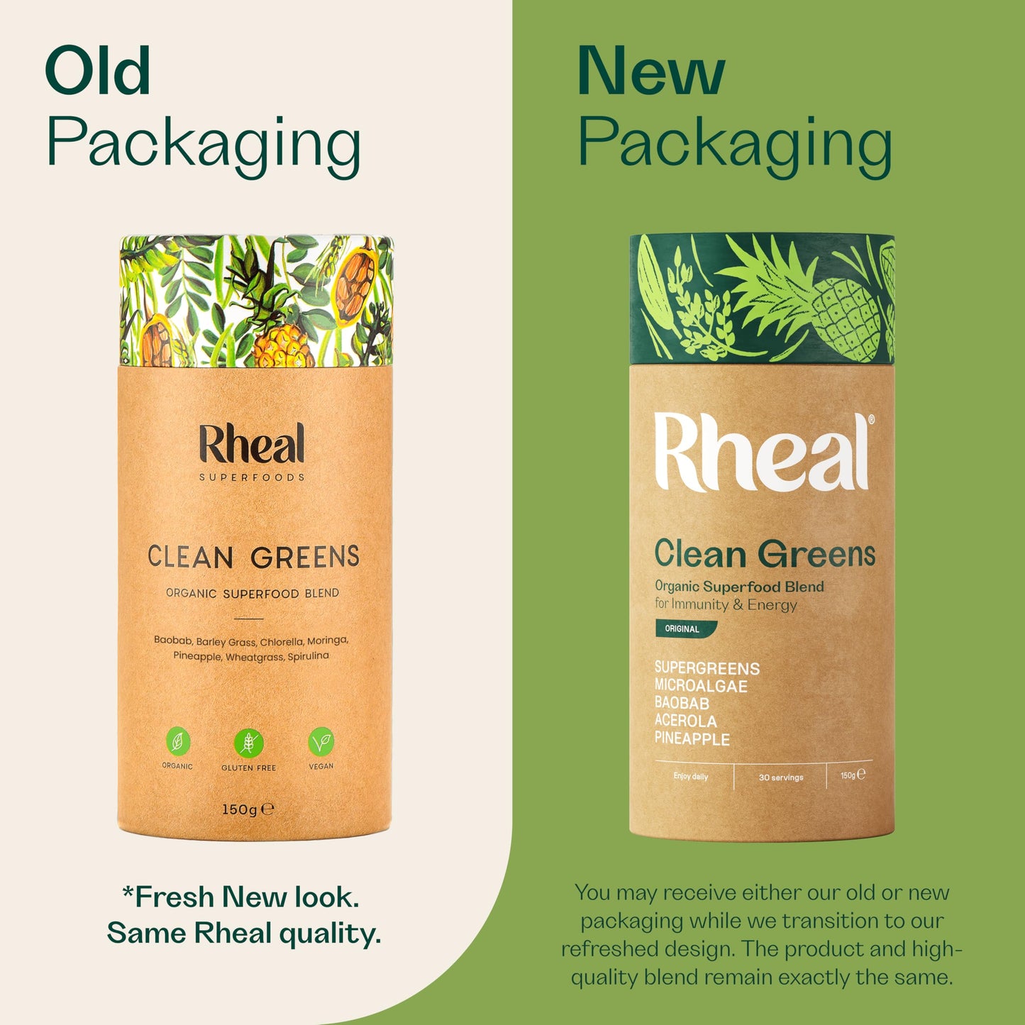 Rheal Clean Greens 150 g, Organic Superfood Greens Powder for Daily Energy & Immunity Support – Certified Organic with Spirulina, Moringa & Wheatgrass – Vegan – 30 Servings, Original