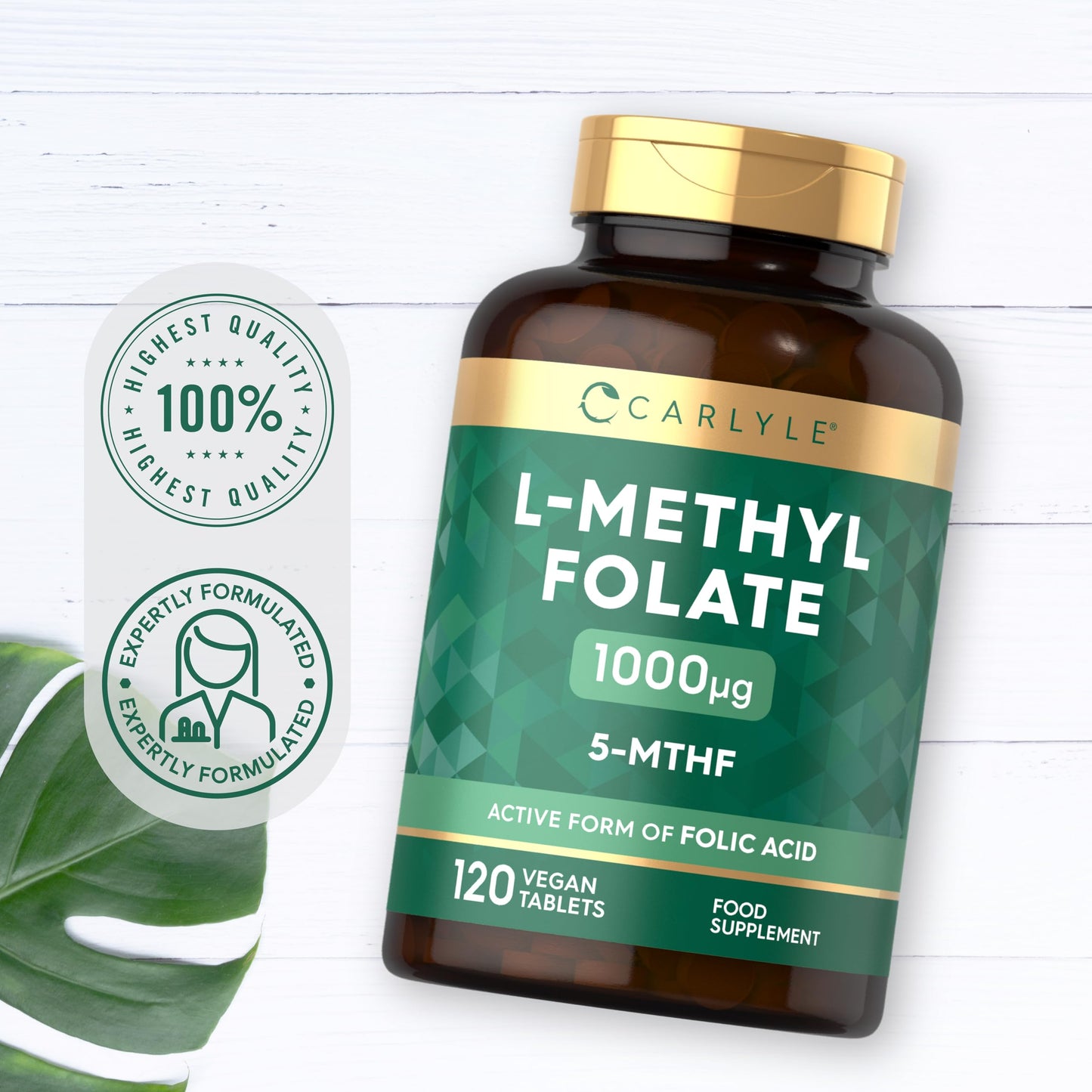 L Methlyfolate 1000ug | 120 Vegan Tablets (4 Months Supply) | Active Form of Folic Acid | 5-MTHF | No Artificial Preservatives | by Carlyle