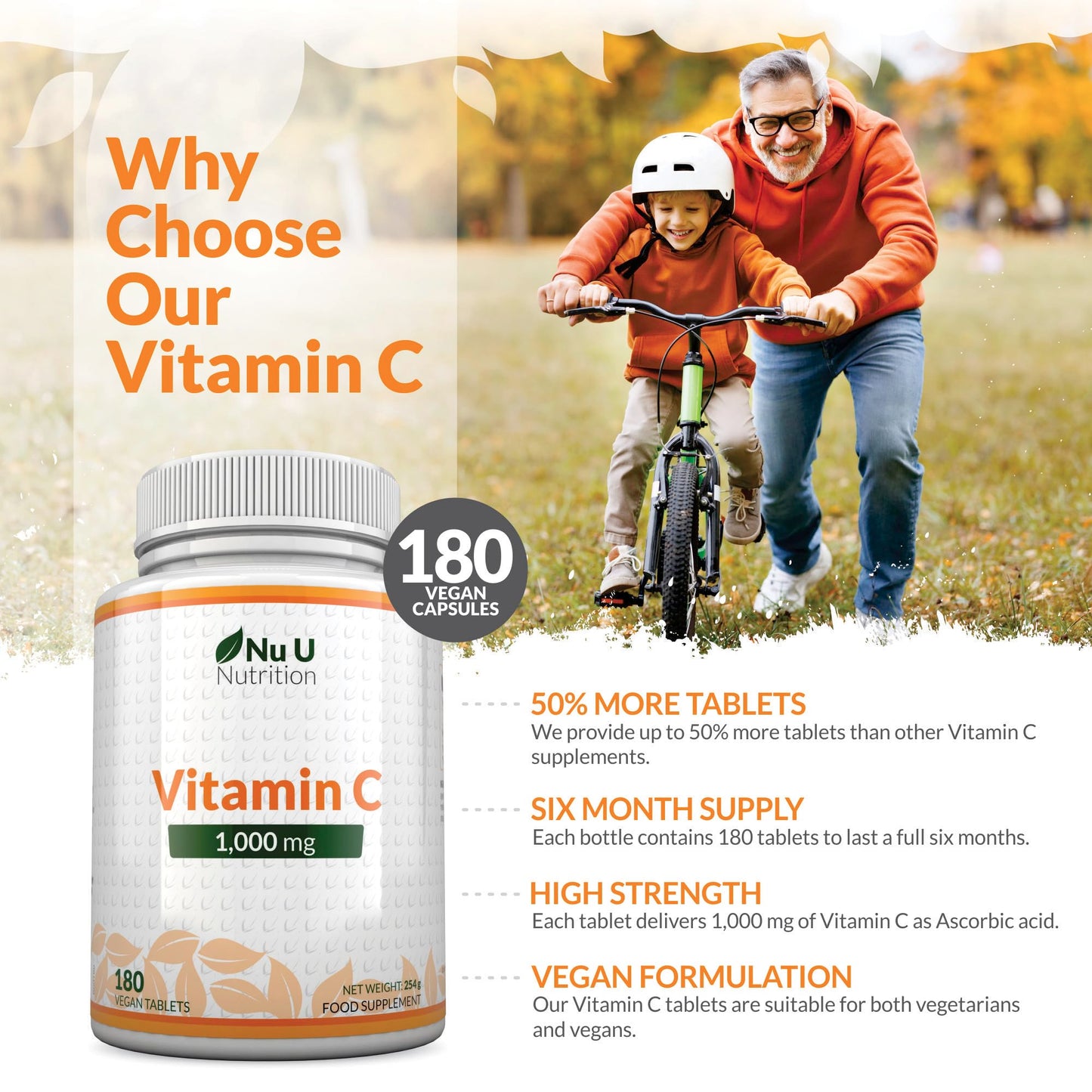 Vitamin C 1000mg - 180 Vegan Tablets - 6 Month Supply - High Strength Ascorbic Acid - Supports Immune System, Energy & Collagen Formation - Nu U Nutrition